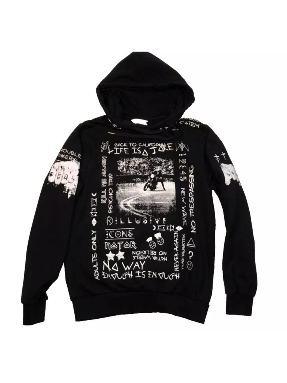 Eleven Paris Black Motorcycle Hoodie Sz S Life is A Joke No Trespassing Unisex